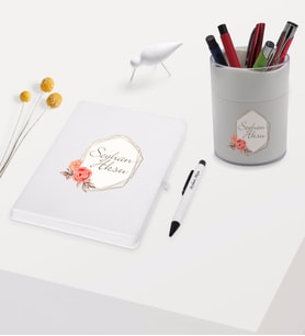 BK Gift Kişiye Özel Çiçek Tasarımlı Beyaz Defter Kalem ve Kalemlik Hediye Seti - Model 21