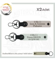 Motor Tutkunlarına Özel, İsim Plaka ve 0 Rh (-) Kan Grubu Yazılı Deri x2 Anahtarlık, Pudra-Beyaz-SK (Çok Renkli)