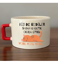 Bizi De Üzdüler Turuncu Kedi Baskılı Kırmızı Kulplu C Fincan
