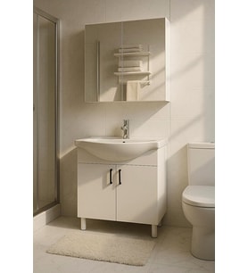 65 cm Beyaz MDF Seramik Lavabolu Ayaklı Aynalı Banyo Dolabı
