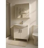 65 cm Beyaz MDF Seramik Lavabolu Ayaklı Aynalı Banyo Dolabı