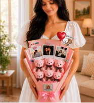 Kişiye Özel 3 Fotoğraflı 6 Peluş Ayıcıklı Buket Kalp Balonlu ve İyi Ki Varsın Stickerlı Pembe Hediye Buketi