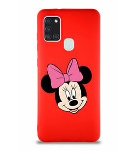 Samsung Galaxy A21S Soft Premier Kapak Minnie Mouse-C Tasarımlı Silikon Kılıf - Kırmızı (Şeffaf)
