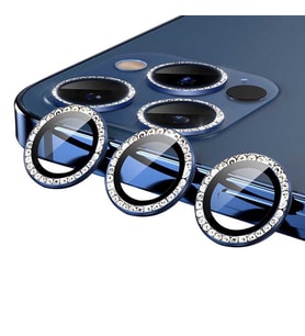 Uyumlu Model Apple iPhone 12 Pro Taşlı Kamera Lens Koruyucu Çerçeveli Koruyucu (Mavi)