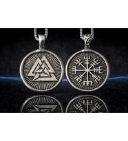 Paslanmaz Çelik Antik Gümüş Renk Çift Taraflı Viking Mitolojisi Vegvisir Valknut Viking Kolye