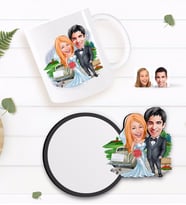 BK Gift Kişiye Özel Evleniyoruz Karikatürlü Beyaz Kupa ve Ahşap Bardak Altlığı Hediye Seti-1
