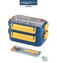 1200 ML İki Kat Üç Bölme Paslanmaz Çelik Bento Lunch Box Yeni Nesil Sefer Tası Çelik Kaşıklı -22FF15 (Lacivert)