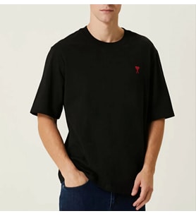 Erkek Kısa Kol Tişört Bisiklet Yaka KALP Baskılı Oversize T-Shirt - Siyah