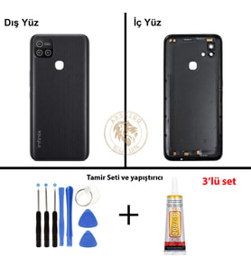Infinix Hot 10İ Siyah Uyumlu Lensli Arka Kapak + Yapıştırıcı ve Vida Seti Arka Cam Lazer Kesim