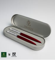 Swapzz Marka Premium Krom - Koyu Kırmızı Renk Detaylı Metal Kutusunda  2'li  Kalem Seti - GDTK-904166 (Kırmızı - Açık Gri)
