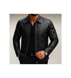 Premium Slim Fit Fermuarlı Basic Deri Ceket (Siyah Deri)