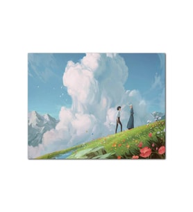 Ahşap Tablo Howls Moving Castle Aşıklar Çiçekler Bulut Görseli (35x50 Cm Boyut)