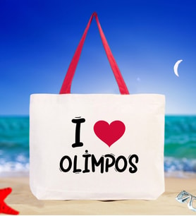 BK Gift I Love Olimpos Renkli Kulp Kanvas Plaj Çantası 48x40m, Baskılı Omuz Çantası, Alışveriş Çantası (Kırmızı)