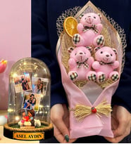 Size Özel 3 Fotoğraflı İsimli Led Işıklı Fanus ve Büyük Boy Pembe Ayıcık Buketi (Model 10)