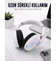 Beyaz Bluetooth 5.0 Mikrofonlu Kablosuz Kulak Üstü Kulaklık Rgb Işıklı Type-c Şarjlı