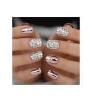 EDA LUXURY BEAUTY Pembe Metalik Takma Tırnak Lüks Parlak Kristal Taşlı Desenli Kısa Boy Kare Nail Art Yapıştırıcı Set E63