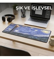 Van Gogh Yıldızlı Gece Temalı XL Mousepad 70x30 cm Büyük Boy Masa Matı Çift Dikişli Kenarlar, Kaymaz Taban, Oyuncu ve Ofis Kullanım, Fütüristik Yıldızlı Gece