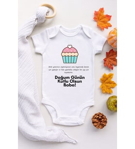 Unisex Bebek Beyaz Doğum Günü Baba Desenli Kısa Kol Body