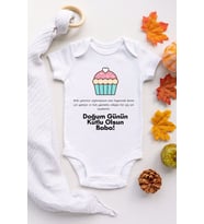 Unisex Bebek Beyaz Doğum Günü Baba Desenli Kısa Kol Body