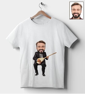 Kişiye Özel Bağlama Tasarımlı Karikatür Tişört 107 (Beyaz)