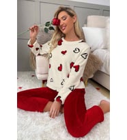 Merry See Kalp Baskılı Peluş Polar Alt Üst Uzun Kollu Pijama Takımı (Çok Renkli)