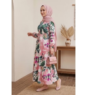 Hazan Desenli Modal Elbise 1712 - Pembe