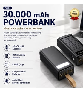 30,000 mAh Dijital Ekranlı Hızlı Şarj Dahili Kablolu Taşınabilir Powerbank