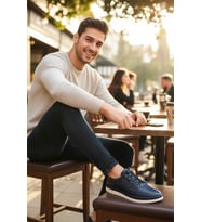 Enoch Hakiki Deri Lacivert Lazer Delikli Bağcıklı Erkek Sneaker Ortopedik Taban