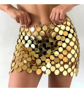 Pilelistore Kadın Parlak GoldPul Mini Etek Gece Kombin Festival Stil,Şakira Zincirli İşlemeli Etek Ş
