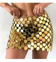 Pilelistore Kadın Parlak GoldPul Mini Etek Gece Kombin Festival Stil,Şakira Zincirli İşlemeli Etek Ş