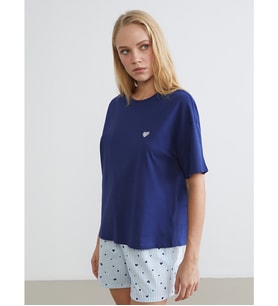 LCW DREAM Mavi Kalp Nakışlı Kadın Şortlu Pijama Takımı