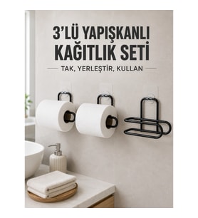 Mey İthalat® 3’lü Siyah Duvar Tipi Kağıtlık Seti Yapışkanlı Pratik Rulo Tutucu