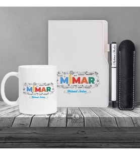 Kişiye Özel UV Baskılı Mimar Temalı Beyaz Defter & Beyaz  Roller Kalem ve Kupa Seti