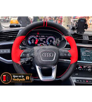 Audi A1 Dikme Direksiyon Kılıfı Parlak Siyah Kırmızı Detaylı Kırmızı Çift Yüzük ve Dikiş 2018-2026
