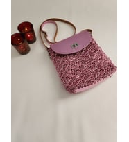 Shell Stitch Model, Pembe, Hakiki Deri, El Yapımı, Metalik İp, Kadın, Mini Çanta