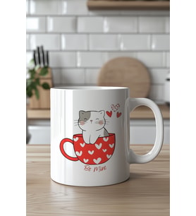 Kalpli Kupada Sevimli Kedi Desenli 330ml Baskılı Beyaz Seramik Kupa Bardak