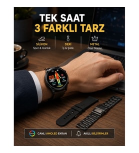Mey İthalat® AMOLED Ekranlı Akıllı Saat – 3 Kordon Seçenekli, Suya Dayanıklı, Kalp Atış ve Uyku Taki