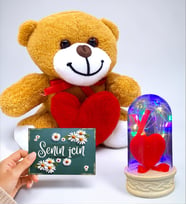 Kalpli Sevimli Peluş Ayıcık, Senin İçin Kartı ve Renkli Led Işıklı Fanus Seti (Model 4)