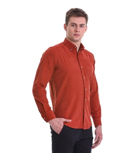 Hatemoğlu Kiremit Slim Fit Düz %100 Pamuklu Düğmeli Yaka Uzun Kollu Klasik Gömlek