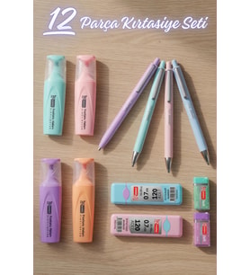 x Dekomus Pastel Touch Collection 12 Parça Kırtasiye Seti 4 Adet Fosforlu Kalem, Uçlu Kalem&2 Adet Tüp Uç, Silgi
