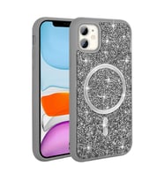 iPhone 11 Kılıf Pırlanta Tasarımlı M-safe Şarj Özellikli Mozaik Silikon Kapak (Gri)