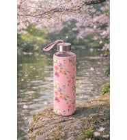 Mavi Gül Desenli Kılıflı Cam Matara Su Şişesi 500 ml