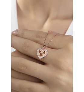 Kadın Orjinal 925 Ayar Gümüş Zirkon Taşlı Kalp Model Kolye (Rose)