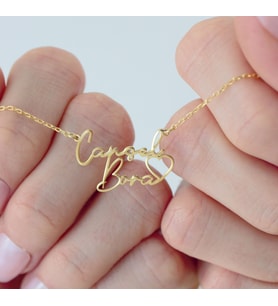 Kişiye Özel 925 Ayar Gümüş Şık Çift İsim Kalp Detay Kolye (Gold)