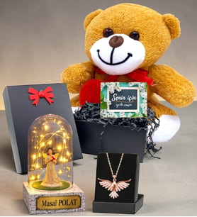 Kişiye Özel Kalpli Peluş Ayıcıklı Süper Hediye Seti & Led Işıklı Fanuslu (Model 6)
