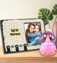 Kişiye Özel Fotoğraflı İyi Ki Varsın Çerçeve & Pembe Peri Işıklı Kar Küresi Arkadaşa Hediye