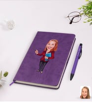 BK Gift Kişiye Özel Kadın Öğretmen Karikatürlü Mor Termo Deri Defter Kalem Seti Model 3