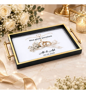 BK Gift Kişiye Özel Siyah&Gold Söz Nişan Tepsisi-3 - 39x23 cm
