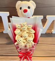 Premium 35 cm Peluş Ayı ve Romantik Kırmızı Peluş Ayıcık Buketi (Beyaz)