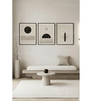 Nötr Tonlarda Soyut Geometrik Minimalist 3’lü Ahşap Çerçeveli Tablo Seti
